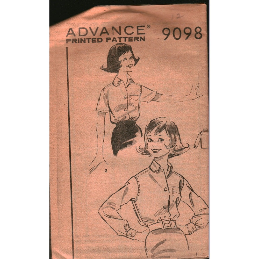 Vintage Advance 9098 Sewing Pattern Womens Button Down Shirt Long Short Sleeve